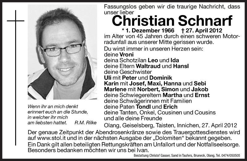  Traueranzeige für Christian Schnarf vom 30.04.2012 aus Dolomiten