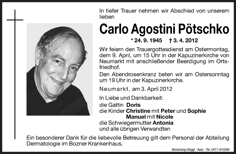  Traueranzeige für Carlo Agostini Pötschko vom 05.04.2012 aus Dolomiten