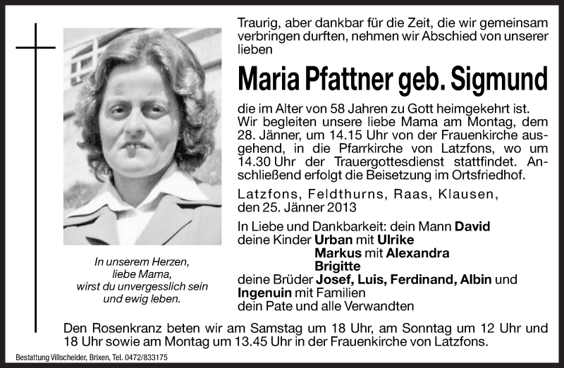  Traueranzeige für Maria Pfattner vom 26.01.2013 aus Dolomiten