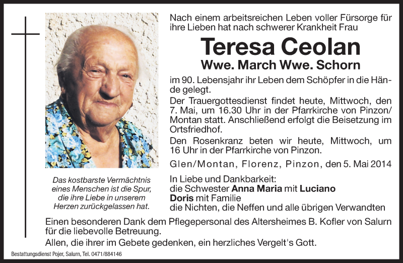  Traueranzeige für Teresa March vom 07.05.2014 aus Dolomiten