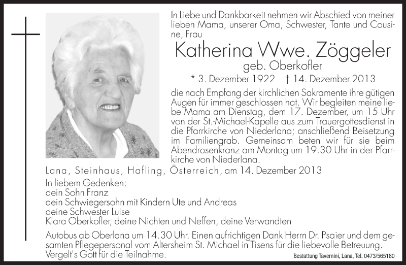  Traueranzeige für Katherina Zöggeler vom 16.12.2013 aus Dolomiten