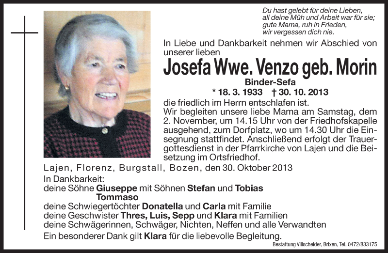  Traueranzeige für Josefa Venzo vom 02.11.2013 aus Dolomiten