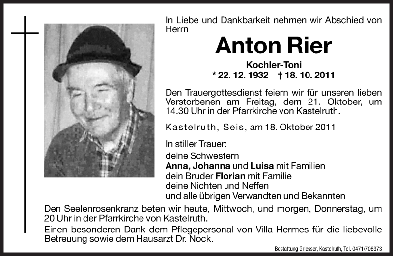  Traueranzeige für Anton Rier vom 19.10.2011 aus Dolomiten