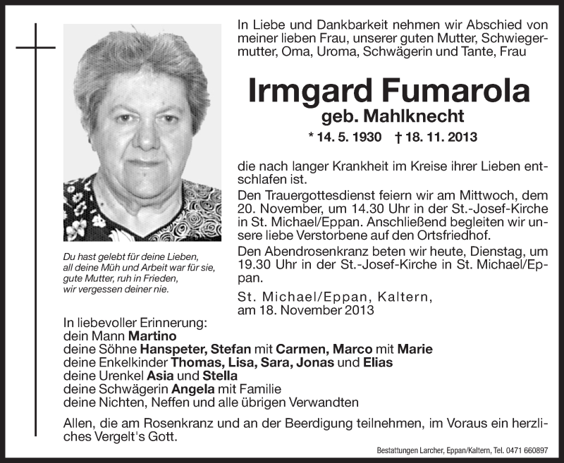  Traueranzeige für Irmgard Fumarola vom 19.11.2013 aus Dolomiten