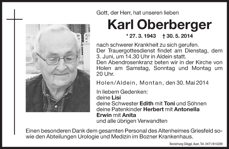  Traueranzeige für Karl Oberberger vom 31.05.2014 aus Dolomiten