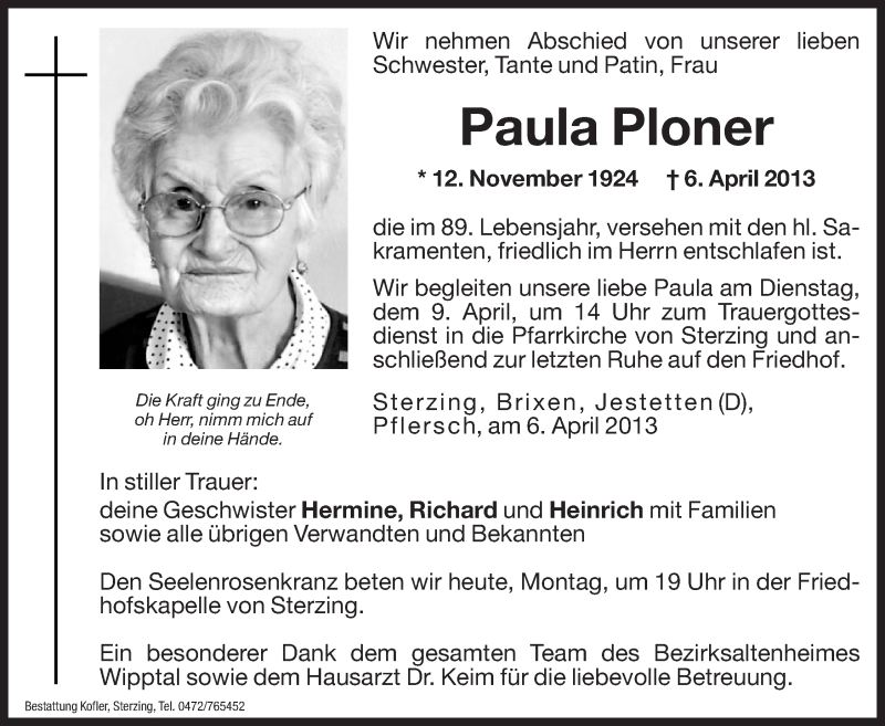  Traueranzeige für Paula Ploner vom 08.04.2013 aus Dolomiten