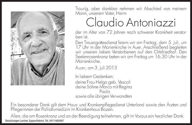  Traueranzeige für Claudio Antoniazzi vom 04.07.2013 aus Dolomiten