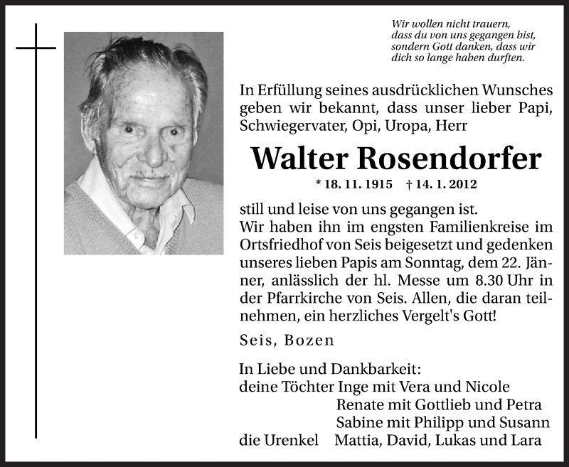  Traueranzeige für Walter Rosendorfer vom 20.01.2012 aus Dolomiten