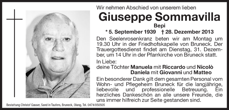  Traueranzeige für Giuseppe Sommavilla vom 30.12.2013 aus Dolomiten