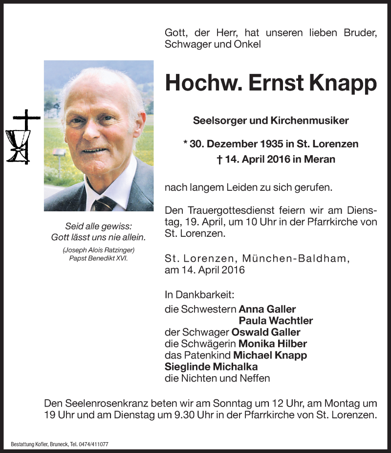  Traueranzeige für Ernst Knapp vom 16.04.2016 aus Dolomiten