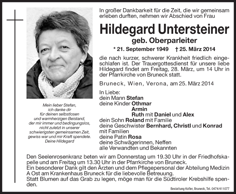  Traueranzeige für Hildegard Untersteiner vom 27.03.2014 aus Dolomiten