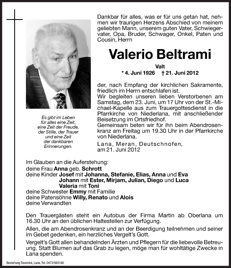  Traueranzeige für Valerio Beltrami vom 22.06.2012 aus Dolomiten