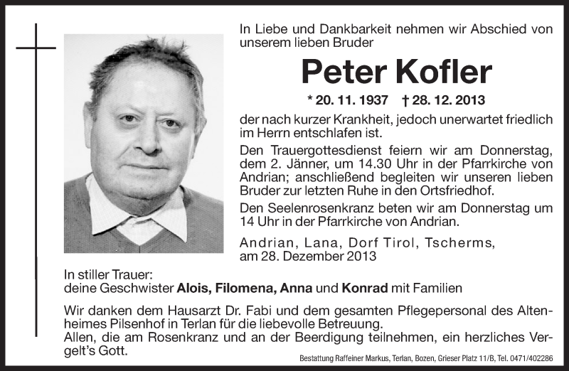  Traueranzeige für Peter Kofler vom 30.12.2013 aus Dolomiten