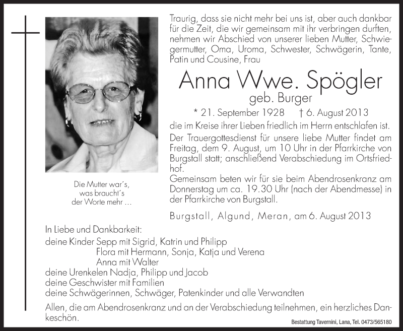  Traueranzeige für Anna Spögler vom 07.08.2013 aus Dolomiten