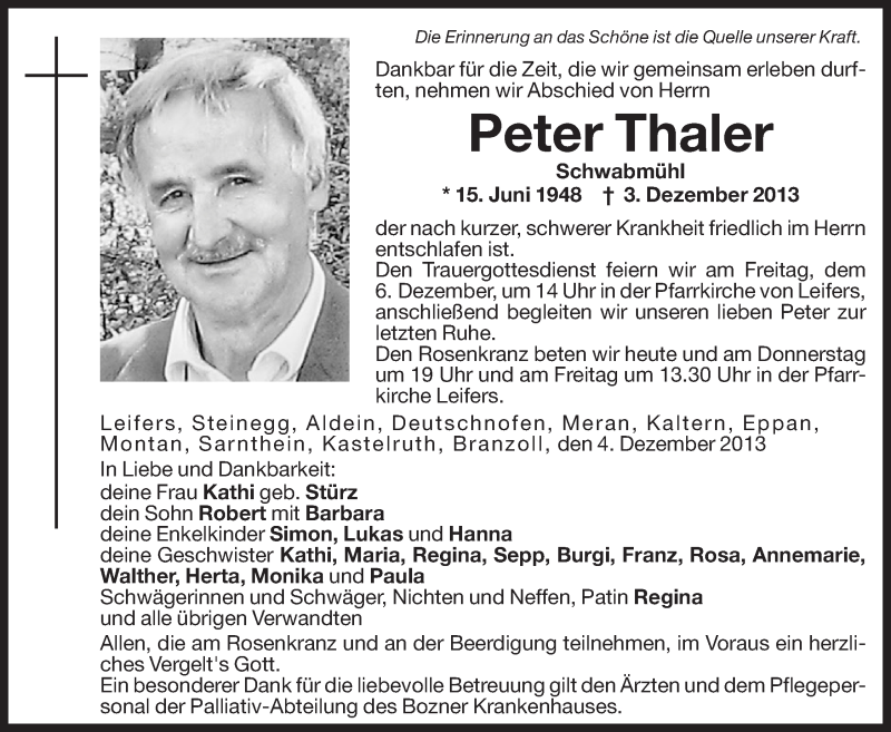  Traueranzeige für Peter Thaler vom 04.12.2013 aus Dolomiten