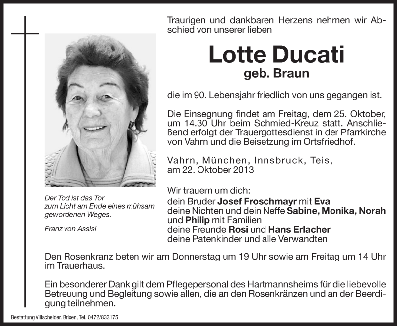  Traueranzeige für Lotte Ducati vom 23.10.2013 aus Dolomiten