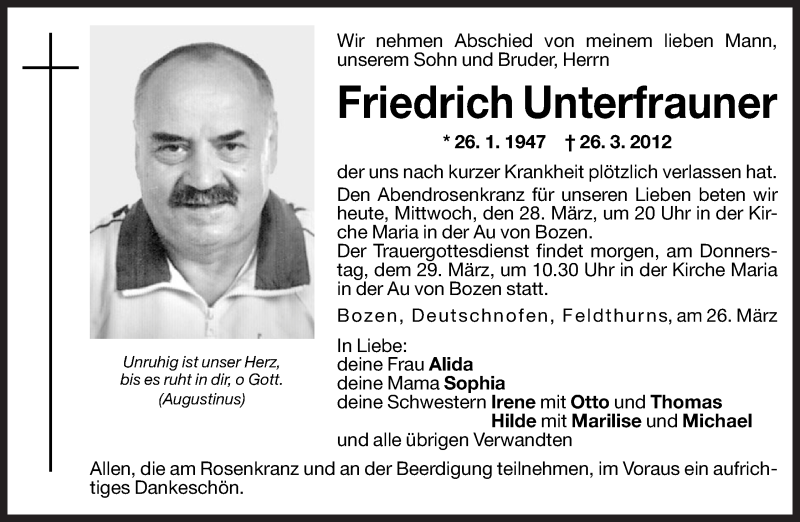  Traueranzeige für Friedrich Unterfrauner vom 28.03.2012 aus Dolomiten