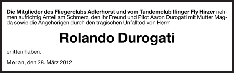  Traueranzeige für Rolando Durogati vom 29.03.2012 aus Dolomiten