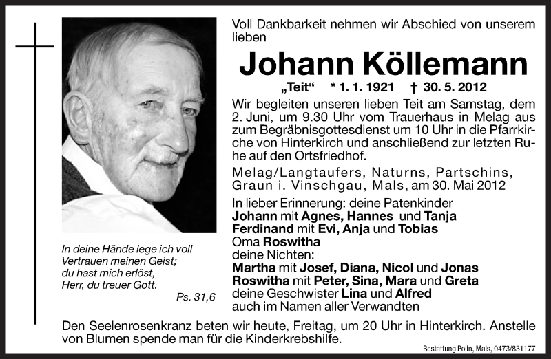  Traueranzeige für Johann Köllemann vom 01.06.2012 aus Dolomiten