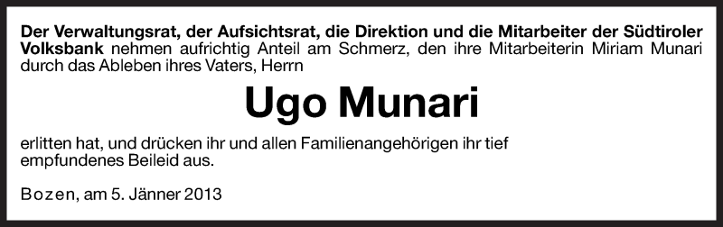  Traueranzeige für Ugo Munari vom 05.01.2013 aus Dolomiten