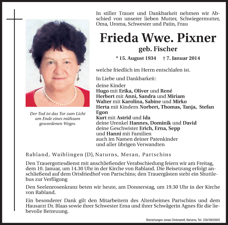  Traueranzeige für Frieda Pixner vom 09.01.2014 aus Dolomiten