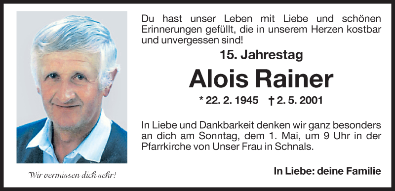  Traueranzeige für Alois Rainer vom 30.04.2016 aus Dolomiten