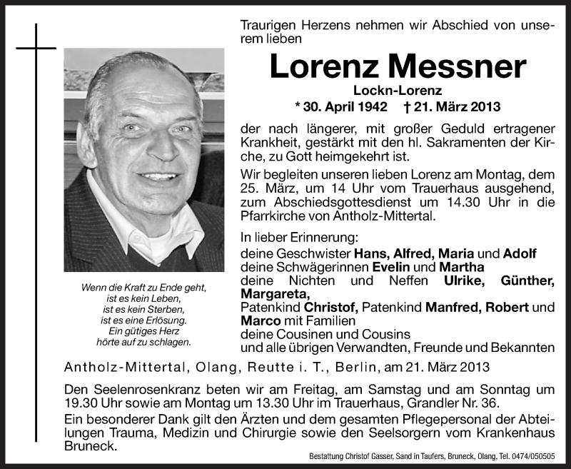  Traueranzeige für Lorenz Messner vom 22.03.2013 aus Dolomiten