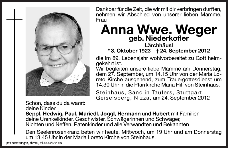  Traueranzeige für Anna Weger vom 26.09.2012 aus Dolomiten