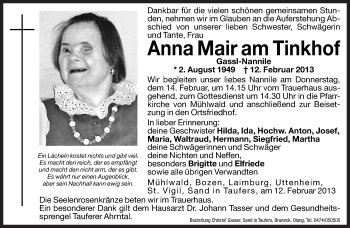 Traueranzeige von Anna Mair am Tinkhof von Dolomiten