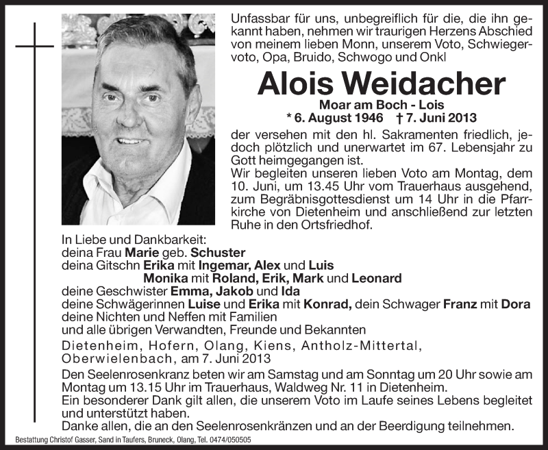  Traueranzeige für Alois Weidacher vom 08.06.2013 aus Dolomiten