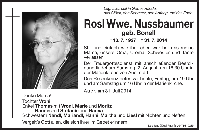  Traueranzeige für Rosl Nussbaumer vom 01.08.2014 aus Dolomiten