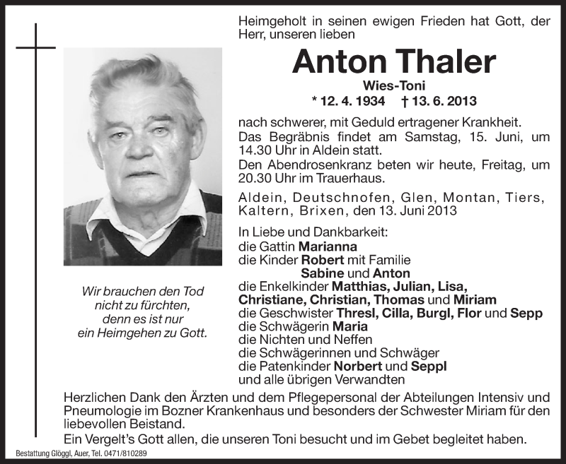  Traueranzeige für Anton Thaler vom 14.06.2013 aus Dolomiten