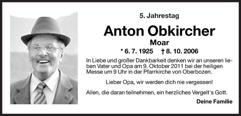  Traueranzeige für Anton Obkircher vom 07.10.2011 aus Dolomiten