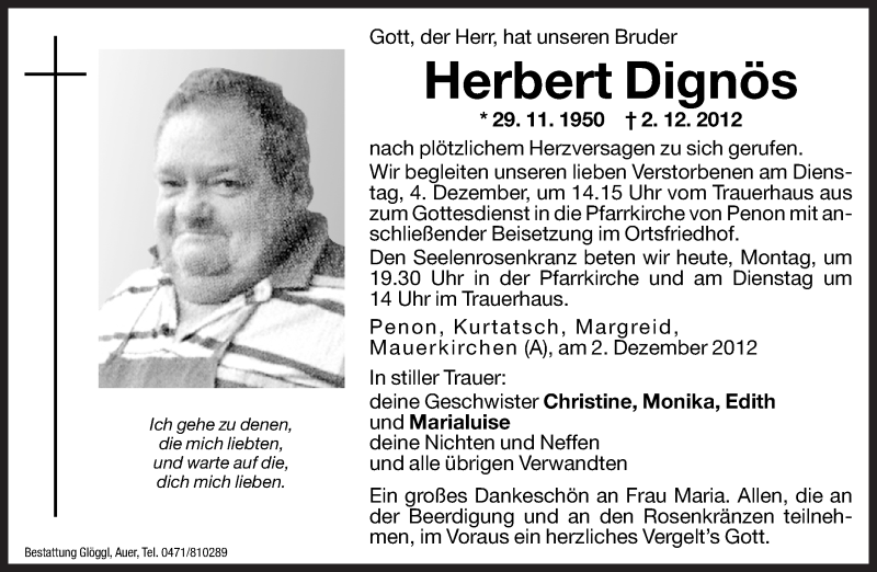  Traueranzeige für Herbert Dignös vom 03.12.2012 aus Dolomiten