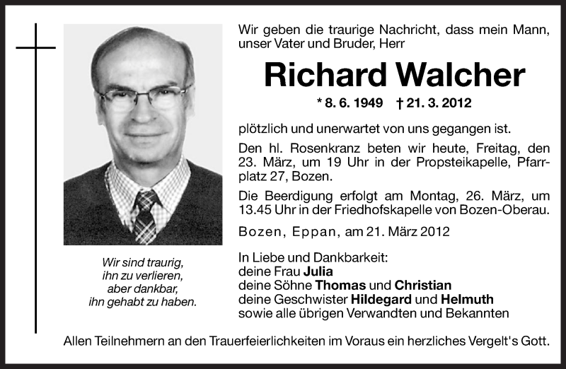  Traueranzeige für Richard Walcher vom 23.03.2012 aus Dolomiten