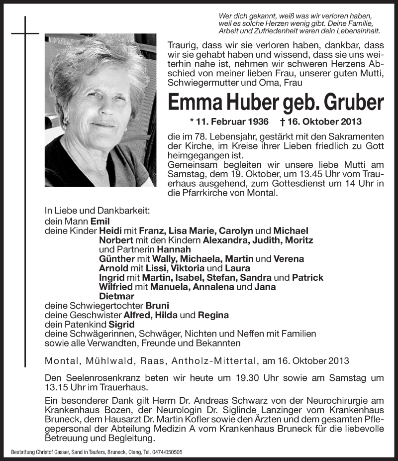  Traueranzeige für Emma Huber vom 18.10.2013 aus Dolomiten