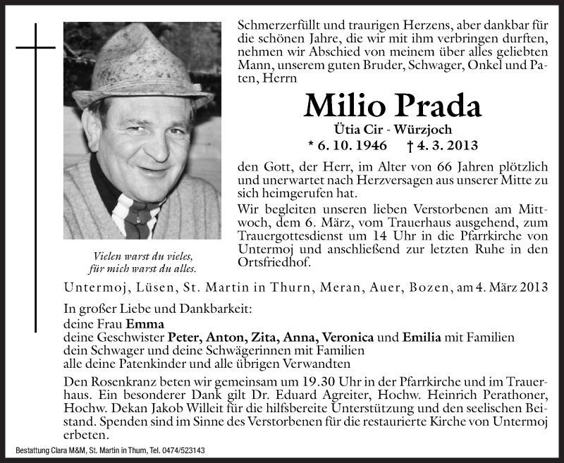  Traueranzeige für Milio Prada vom 05.03.2013 aus Dolomiten