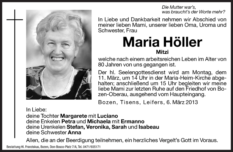  Traueranzeige für Maria Höller vom 09.03.2013 aus Dolomiten