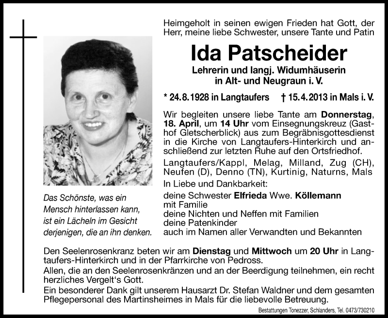  Traueranzeige für Ida Patscheider vom 16.04.2013 aus Dolomiten