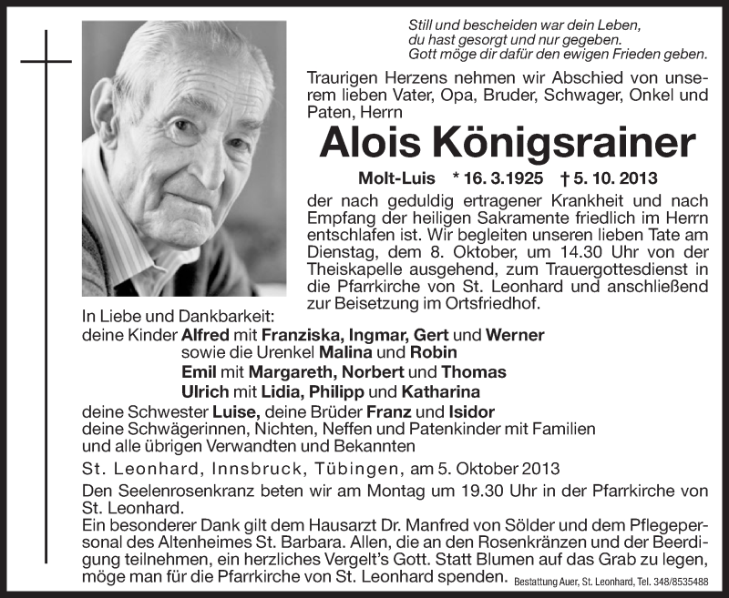  Traueranzeige für Alois Königsrainer vom 07.10.2013 aus Dolomiten