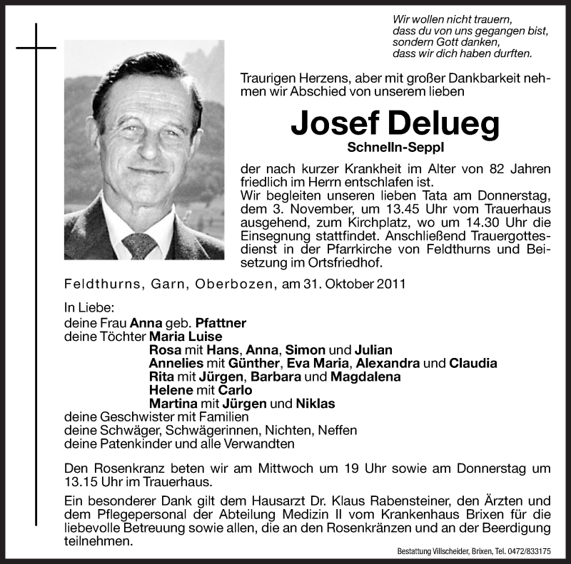  Traueranzeige für Josef Delueg vom 11.02.2011 aus Dolomiten