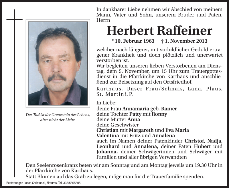  Traueranzeige für Herbert Raffeiner vom 02.11.2013 aus Dolomiten