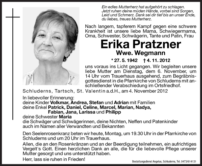  Traueranzeige für Erika Wegmann vom 05.11.2012 aus Dolomiten