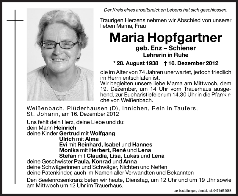  Traueranzeige für Maria Hopfgartner vom 18.12.2012 aus Dolomiten