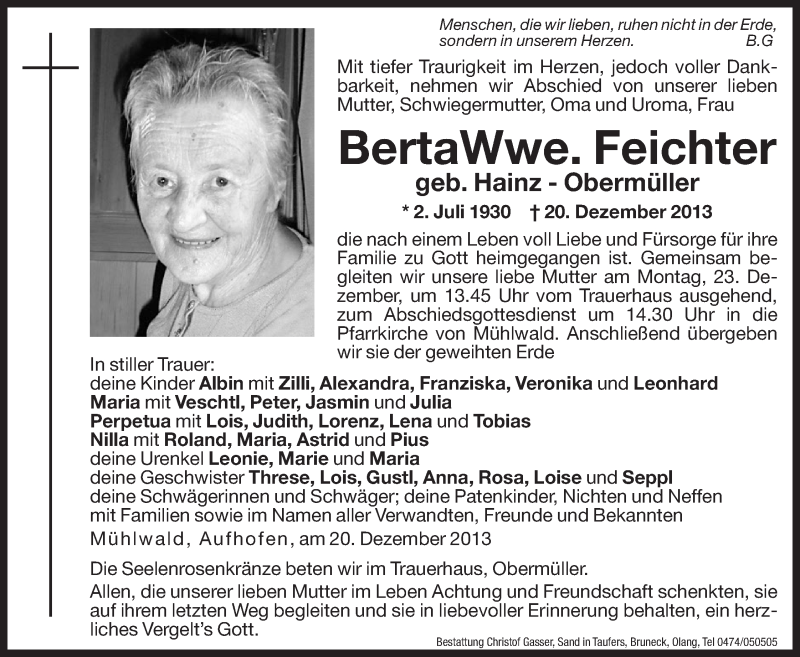  Traueranzeige für Berta Feichter vom 21.12.2013 aus Dolomiten