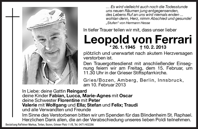  Traueranzeige für Leopold von Ferrari vom 12.02.2013 aus Dolomiten