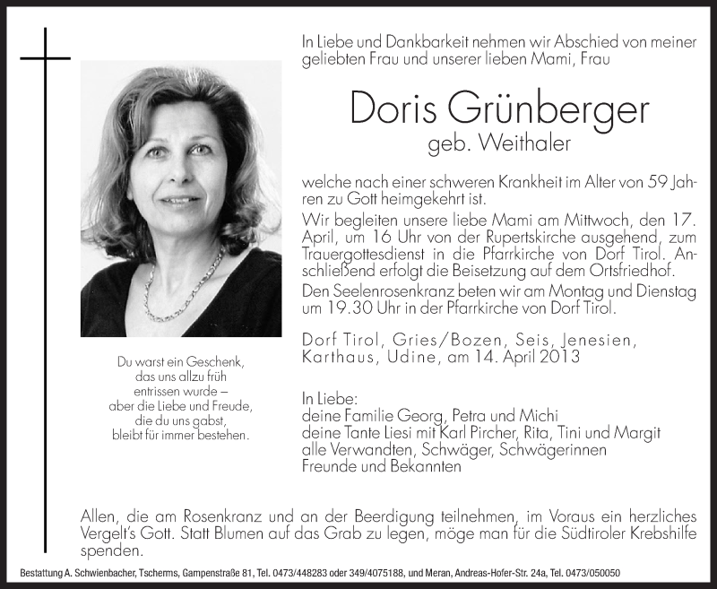  Traueranzeige für Doris Grünberger vom 15.04.2013 aus Dolomiten