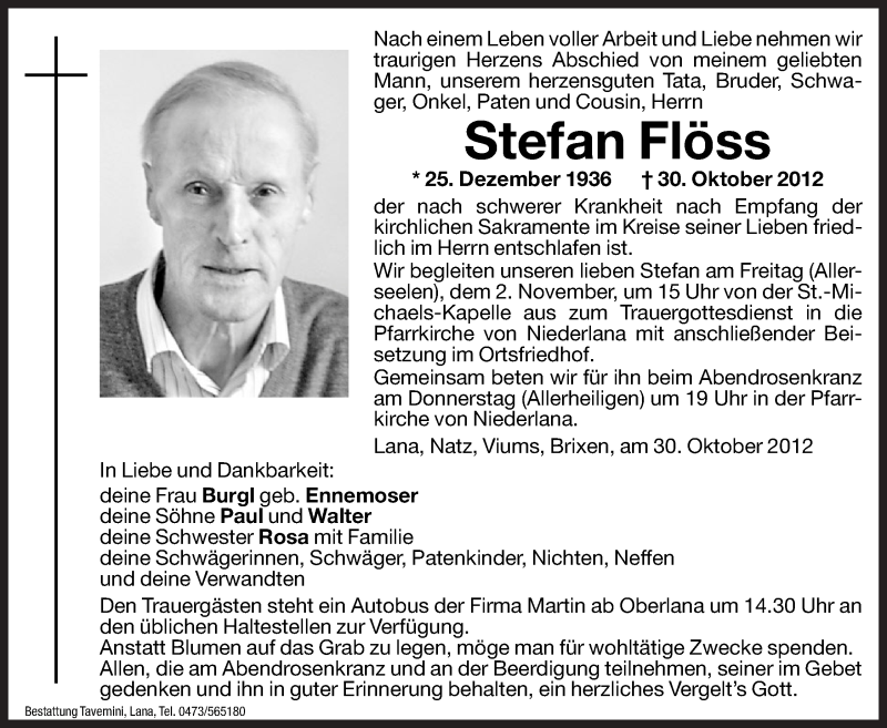  Traueranzeige für Stefan Flöss vom 31.10.2012 aus Dolomiten