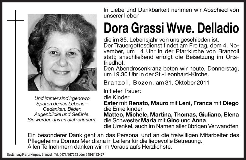  Traueranzeige für Dora Delladio vom 11.03.2011 aus Dolomiten