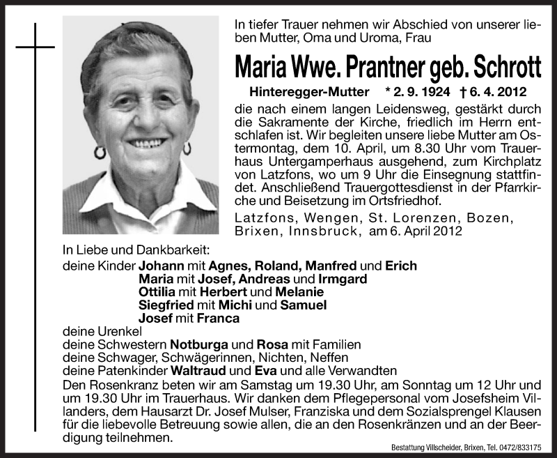  Traueranzeige für Maria Schrott vom 07.04.2012 aus Dolomiten